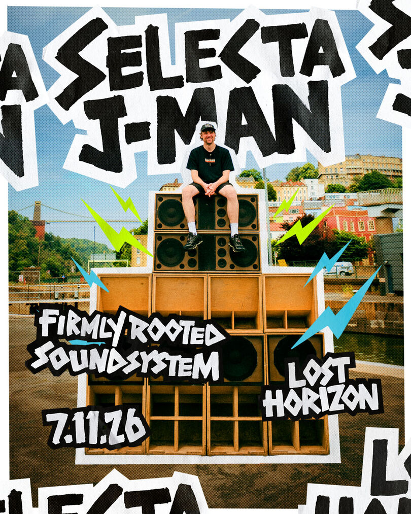 Selecta J-Man sitting on a stack of Firmly Rooted Soundsystem speakers on Bristol harbourside. Cut-out lettering reads Selecta J-Man, Firmly Rooted Soundsystem, Lost Horizon, 7.11.26.